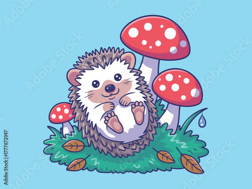 Adorable cartoon hedgehog resting near vibrant red mushrooms and green grass, perfect for children's themes and nature designs.