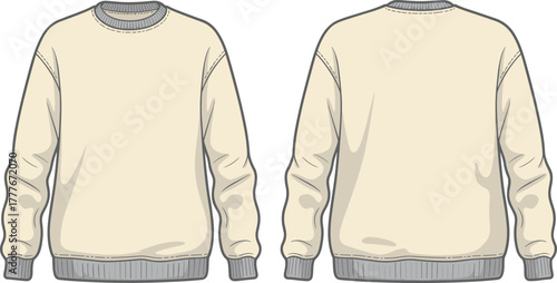 Beige sweatshirt vector illustration front and back view with gray ribbed cuffs collar hem casual fashion apparel clothing design template