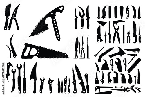 Collection of black silhouette tools and blades knife