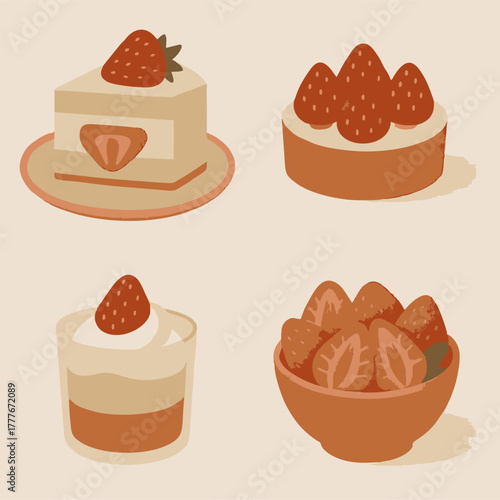 A clean and soft dessert illustration featuring strawberry cakes, layered pastries, and sweet fruit toppings