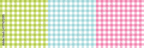 Seamless gingham and plaid pattern in soft pink, green and blue watercolor tones.