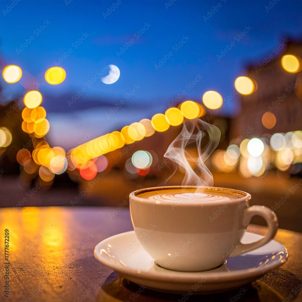 Fototapeta premium Warm Latte in Golden Night Lights