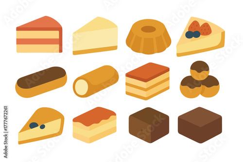 Delicious variety of desserts displayed in a colorful flat design art style, perfect for any sweet treat lover
