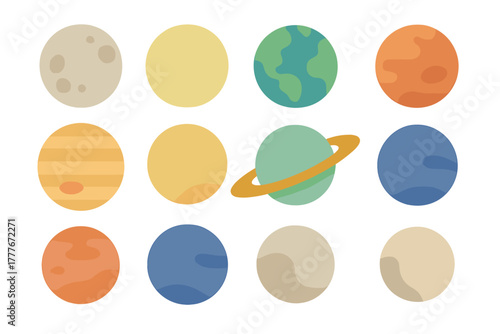 Colorful representation of planets in our solar system with varied textures and features