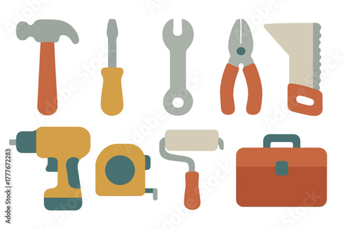 Essential tools for DIY projects displayed in a flat design style, featuring various hand tools, a drill, and a toolbox