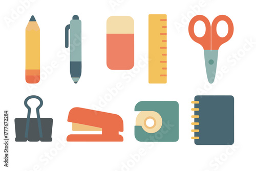 Office supplies arranged neatly on a white background for organizing and studying purposes