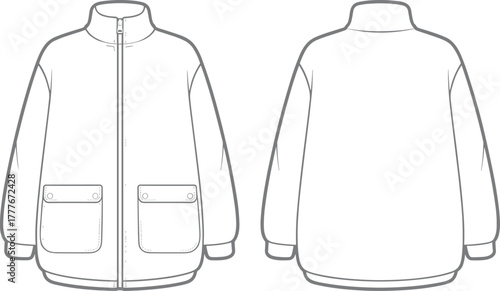 Fashion flat sketch of unisex zip up jacket front and back view, technical drawing design with pockets, casual outerwear template illustration