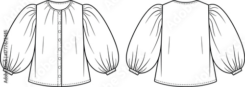 Fashion flat sketch of women’s puff sleeve blouse front and back view, trendy button-down shirt design, garment technical drawing illustration