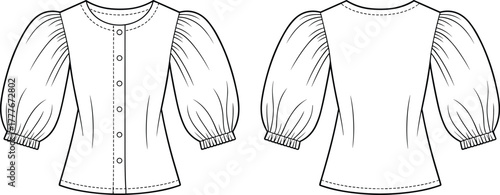 Fashionable women blouse technical flat sketch, puff sleeve shirt front and back view, trendy apparel design, sewing pattern illustration