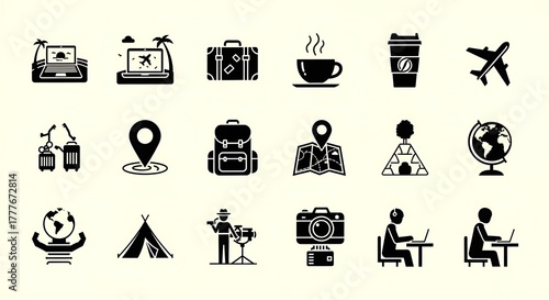 Collection of travel and work icons depicting remote work and vacation elements in black silhouette style