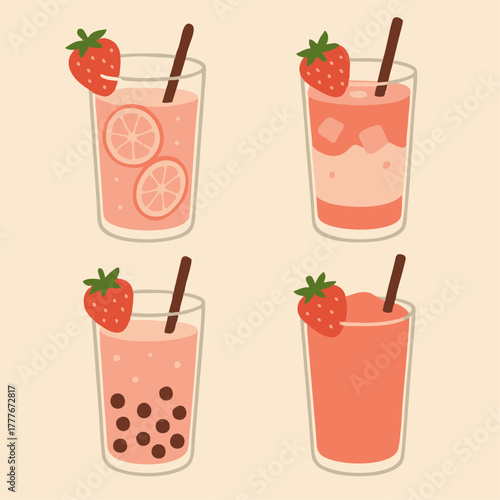 A refreshing strawberry drink illustration featuring iced beverages with fruit pieces, straws, and soft pastel tones