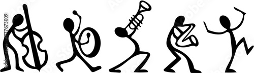 Vector stick figures in motion, playing musical instruments, representing a band performing jazz music