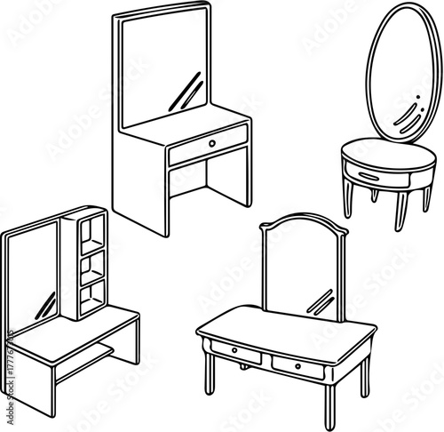 Assortment of bedroom furniture line drawings featuring different dressing table and vanity concepts, isolated on a white background