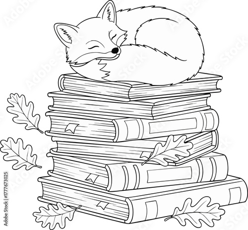A whimsical illustration features a sleeping fox curled up on a stack of books, surrounded by falling oak leaves