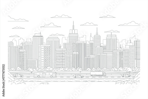 Modern City Skyline with Urban Traffic Line Art