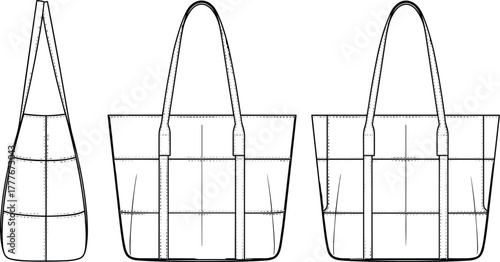 Woven Strap Detail Shopper Tote Bag Technical Fashion Flat Sketch CAD Drawing Vector for Apparel and Product Design Template.