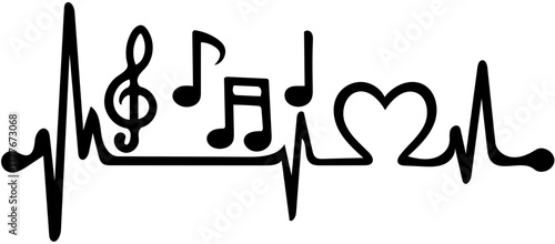 Heartbeat of Music illustration showing an EKG pulse line with a treble clef, musical notes, and a heart shape. A symbol of passion and love for sound and rhythm