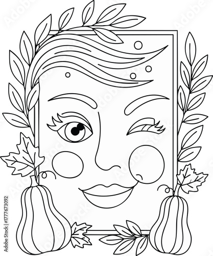 A whimsical line art illustration features a face with flowing hair, winking eye, and smiling lips, framed by autumn leaves and pumpkins