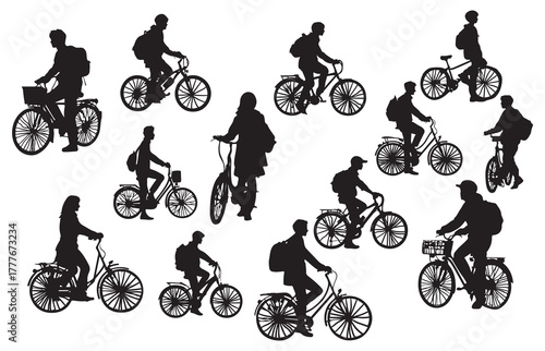 Silhouette of school students going to school by bicycle