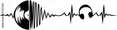 Abstract representation of a vinyl record and headphones merging with a heart rhythm, symbolizing the passion for music as a life force