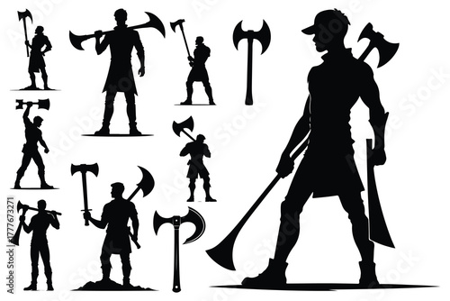 Silhouette men with axes and swords vector