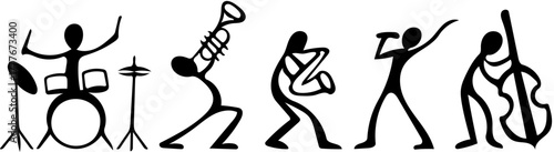 Abstract stick figure art portraying a lively musical band performance, featuring drummer, trumpeter, saxophonist, vocalist, and bassist in dynamic rhythmic poses