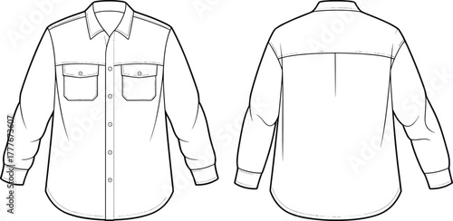Long sleeve button up shirt flat sketch front and back view, fashion technical drawing, unisex casual shirt design template illustration
