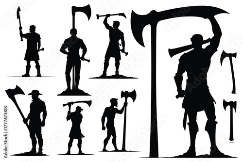 Silhouettes of men holding axes and swords vector