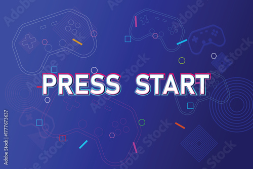 PRESS START. Retro Futurism Sci-Fi Background. glowing neon grid. and stars from vintage arcade computer games