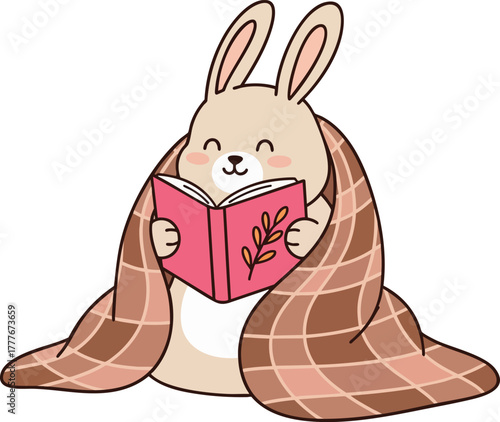 Adorable cartoon bunny wrapped snugly in a checkered blanket reads a vibrant pink book