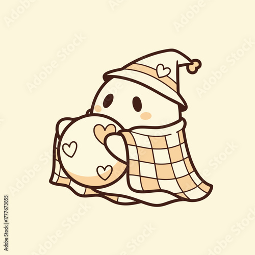 An adorable, cozy cartoon character wearing a nightcap and wrapped in a plaid blanket, hugging a heart-patterned pillow