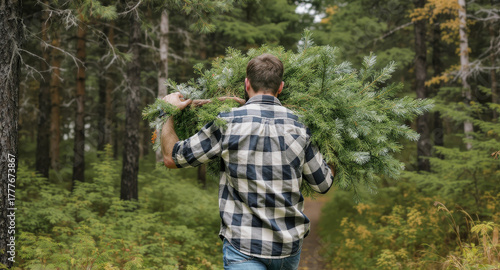 Man carrying fresh pine boughs through a vibrant forest, seeking holiday spirit and natural beauty for festive decor