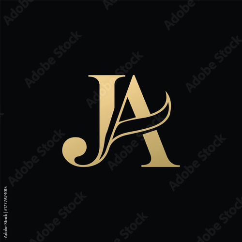 Elegant initial JA logo design in gold for luxurious brand identity, perfect for upscale business cards and sophisticated invitations, symbol of prestige