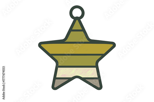 Star-shaped charm with muted colors hanging on a white background