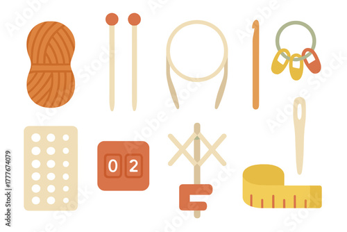 Craft supplies for knitting and sewing displayed on a light background