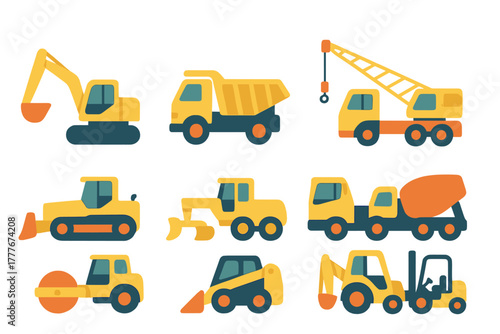 Construction vehicles working together on a project at a building site during daylight