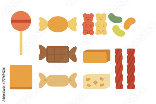 Colorful assortment of candies and sweets displayed on a white background, perfect for any festive occasion or treat bag