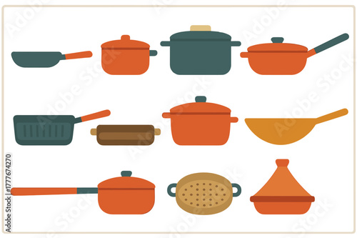 Collection of colorful cooking pots and utensils arranged neatly for culinary preparation and meal preparation