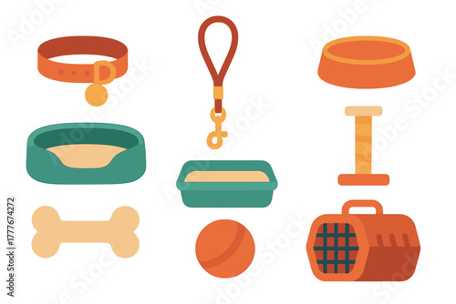 Collection of pet accessories including collars, bowls, and toys set against a white background