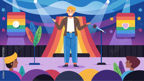 Confident speaker on stage at LGBTQ+ pride event with rainbow flags, spotlights, and diverse audience in a festive atmosphere
