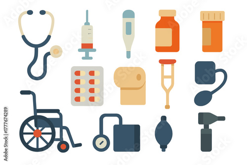 Medical tools and supplies arranged in a flat lay style showcasing essential healthcare items