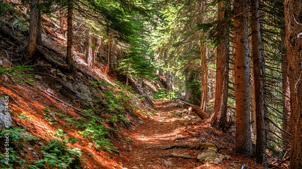 Fototapeta premium Forest trail with pine needles, rocky terrain, sunlit path, in a dense woodland landscape, wide angle view.