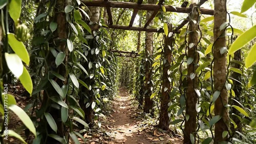 A serene dirt path winds through a lush vanilla plantation in a tropical setting, with vines creating a natural green tunnel over a wooden arbor