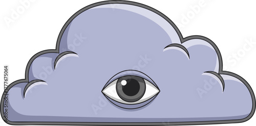 Cartoon illustration of a stylized blue cloud with a large, watchful human eye in the center, representing omnipresence or divine sight