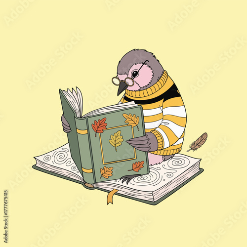 Charming cartoon bird wearing glasses and a striped sweater reading a book decorated with autumn leaves, symbolizing cozy learning and knowledge