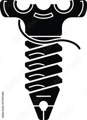 A black and white illustration of a corkscrew with a handle and spiral design