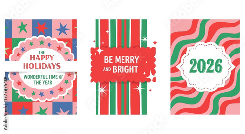 Festive Holiday Card Designs with Stripes, Stars, and Wavy Patterns for Seasonal Cheer