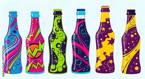 Vibrant Retro Pop Art Beverage Bottles Vector Set: Abstract Soft Drink Packaging Illustration
