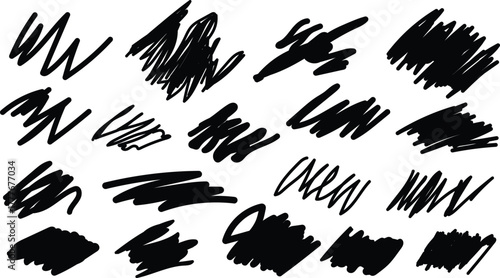 Collection of hand drawn black scribble brush strokes and smudges on white background