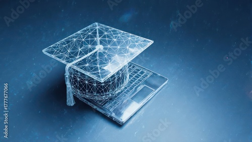 Digital Graduation Cap and Laptop Representing Online Education and Technology.